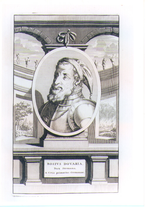 RITRATTO DI BOSIO DOVARIA PRIMO CITTADINO DI CREMONA CON PAESAGGIO (stampa) di Pool Matthys (CERCHIA) (sec. XVIII)