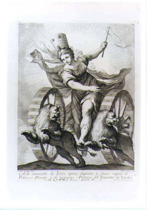 CIBELE SU UN CARRO TRAINATO DA DUE LEONI (stampa tagliata) di Robusti Jacopo detto Tintoretto, Zucchi Andrea, Manaigo Silvestro (prima metà sec. XVIII)