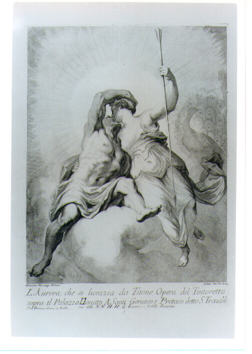 AURORA E TITONE (stampa tagliata) di Robusti Jacopo detto Tintoretto, Zucchi Andrea, Manaigo Silvestro (prima metà sec. XVIII)