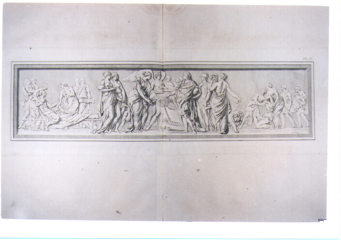 FREGIO CON ALLEGORIA DELLA MEDICINA CHE PRESENTA A RE LUIGI XV LA PIANTA DELLA SCUOLA DI CHIRURGIA (stampa) di Parizeau Philippe Louis (sec. XVIII)