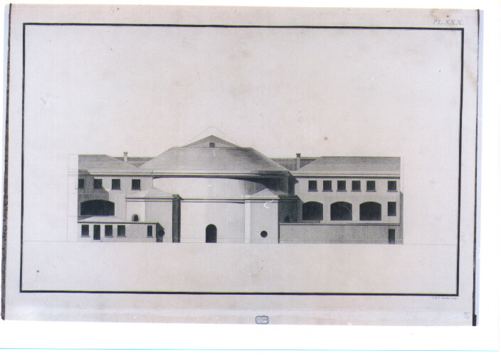 PIANTA DELL'ALZATO DELL'ANFITEATRO E DELLA SCUOLA PRATICA (stampa) di Poulleau Claude René Gabriel (sec. XVIII)