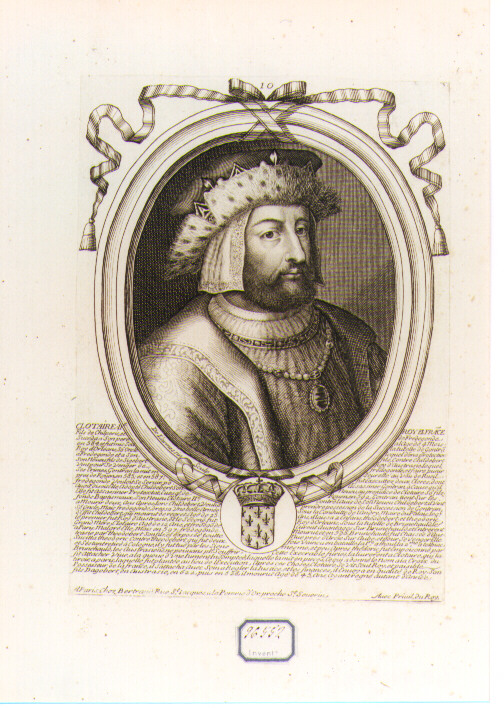 RITRATTO DI CLOTARIO II RE DI FRANCIA (stampa controfondata smarginata) di De Larmessin Nicolas il Vecchio (seconda metà sec. XVII)
