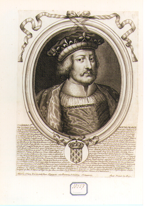 RITRATTO DI THIERRY I RE DI FRANCIA (stampa controfondata smarginata) di De Larmessin Nicolas il Vecchio (seconda metà sec. XVII)