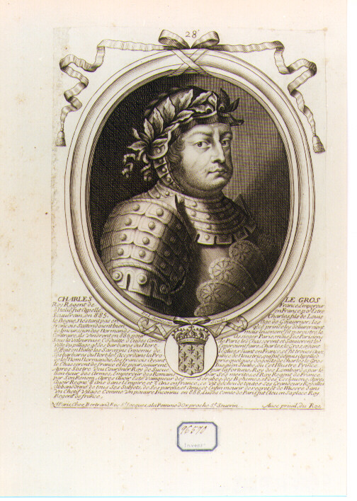 RITRATTO DI CARLO IL GROSSO RE DI FRANCIA (stampa controfondata smarginata) di De Larmessin Nicolas il Vecchio (seconda metà sec. XVII)