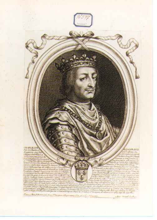 RITRATTO DI CARLO VII RE DI FRANCIA (stampa controfondata smarginata) di De Larmessin Nicolas il Vecchio (seconda metà sec. XVII)