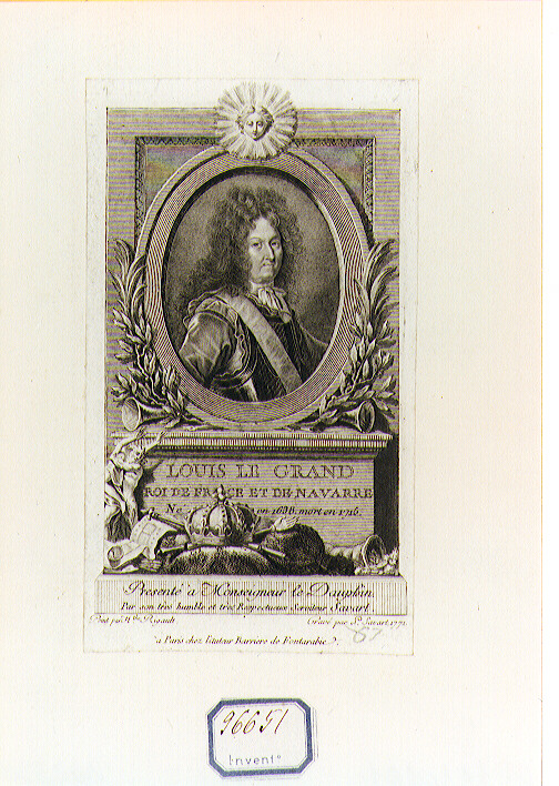 RITRATTO DI LUIGI XIV RE DI FRANCIA (stampa controfondata smarginata) di Rigaud Hyacinthe, Savart Pierre (sec. XVIII)