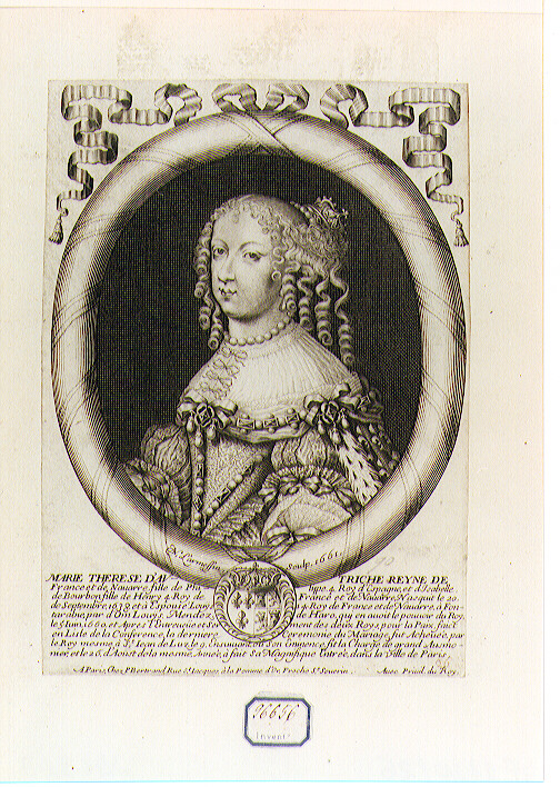 RITRATTO DI MARIA TERESA D'AUSTRIA REGINA DI FRANCIA E DI NAVARRA (stampa controfondata smarginata) di De Larmessin Nicolas il Vecchio (sec. XVII)