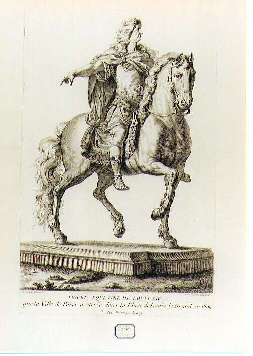 RITRATTO EQUESTRE DI LUIGI XIV (stampa controfondata smarginata) di Tardieu Pierre François, Lesueur Nicolas (sec. XVIII)