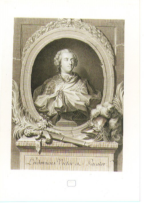 RITRATTO DI LUIGI XV (stampa controfondata smarginata) di Lemoyne Jean Baptiste II, Heilmann Johann Caspar, Wille Johann Georg (seconda metà sec. XVIII)