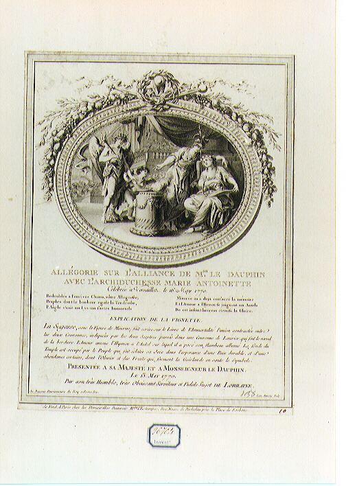 ALLEGORIA DEL MATRIMONIO DI LUIGI XVI CON MARIA ANTONIETTA D'AUSTRIA (stampa controfondata smarginata) di Auvray Pierre-Laurent, De Beauvais Jacques Philippe (sec. XVIII)