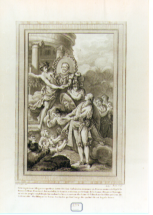 ALLEGORIA DELLE VIRTU' CARDINALI DI LUIGI XVI (stampa controfondata smarginata) di Cochin Charles Nicolas I detto Père, Hiam (sec. XVIII)