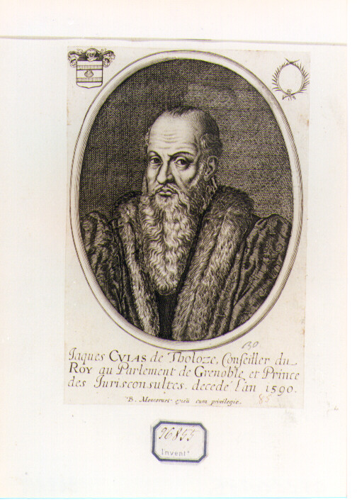 RITRATTO DI JACQUE CUIAS (stampa controfondata smarginata) di Moncornet Balthasar (CERCHIA) (sec. XVII)