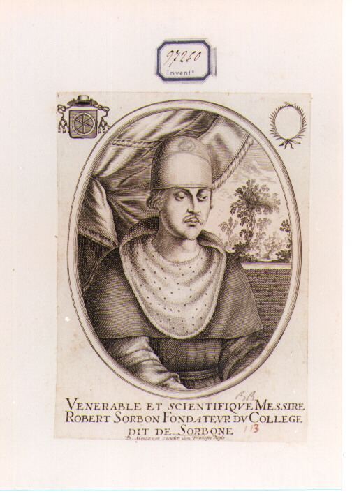 RITRATTO DI ROBERT SORBON (stampa controfondata smarginata) di Moncornet Balthasar (CERCHIA) (sec. XVII)