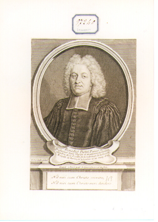 RITRATTO DI BENEDICT PICTET (stampa controfondata smarginata) di Gardelle Robert II, Desrochers Etienne Jehandier (sec. XVIII)