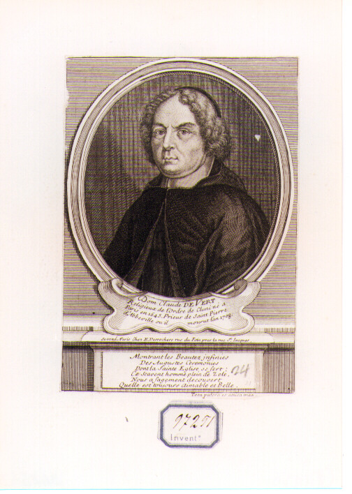 RITRATTO DI CLAUDE DE VERT (stampa controfondata smarginata) di Desrochers Etienne Jehandier (CERCHIA) (sec. XVIII)