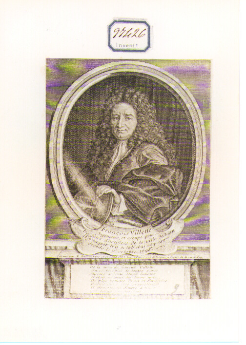 RITRATTO DI FRANCOIS VILLET (stampa controfondata smarginata) di Desrochers Etienne Jehandier (sec. XVIII)