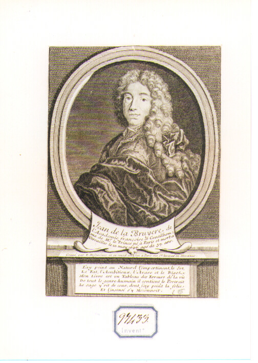 RITRATTO DI JEAN DE LA BRUYERE (stampa controfondata smarginata) di Desrochers Etienne Jehandier (sec. XVIII)