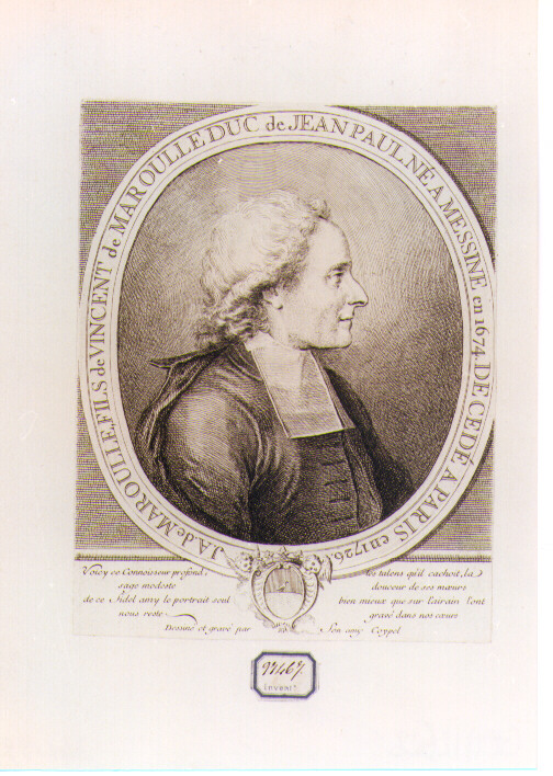 RITRATTO DI J.A. DE MAROULLE (stampa controfondata smarginata) di Coypel Charles (sec. XVIII)
