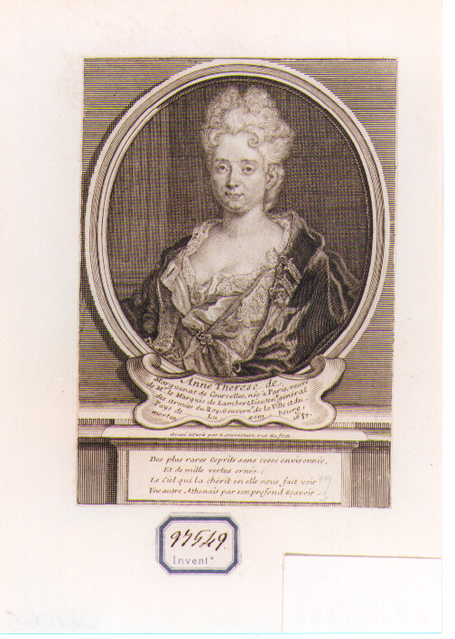 RITRATTO DI ANNE THERESE DE MARGUENAT (stampa controfondata smarginata) di Desrochers Etienne Jehandier (sec. XVIII)