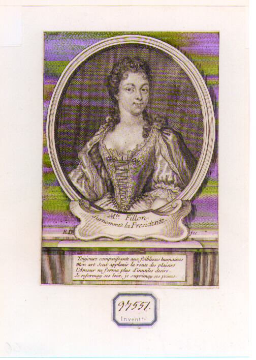 RITRATTO DI MADAMOISELLE FILLON (stampa controfondata smarginata) di Desrochers Etienne Jehandier (sec. XVIII)