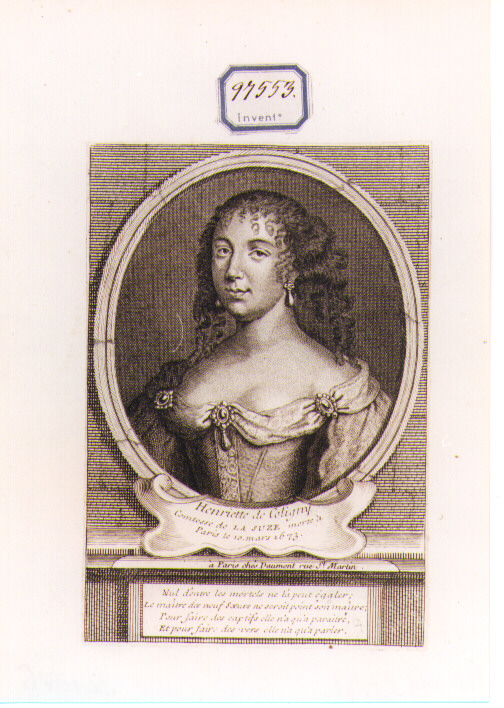 RITRATTO DI HENRIETTE DE COLIGNY (stampa controfondata smarginata) di Daumont (CERCHIA) (secondo quarto sec. XVIII)