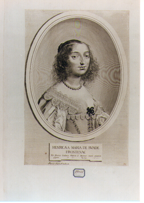 RITRATTO DI ENRICA MARIA DE BUALE DE FRONTENAC (stampa controfondata smarginata) di Mellan Claude (sec. XVII)