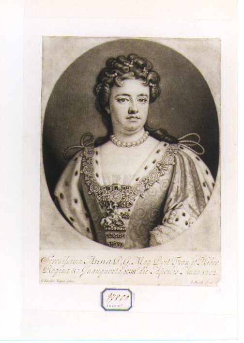 RITRATTO DI ANNA REGINA D'INGHILTERRA (stampa controfondata smarginata) di Kneller Gottried, Smith John I (sec. XVIII)