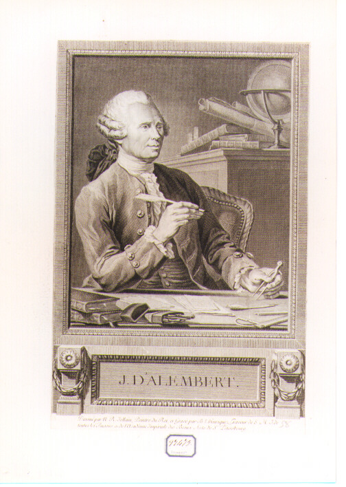 RITRATTO DI J. D'ALEMBERT (stampa controfondata smarginata) di Joullain Nicolas Renè, Henriquez Benoit Louis (sec. XVIII)