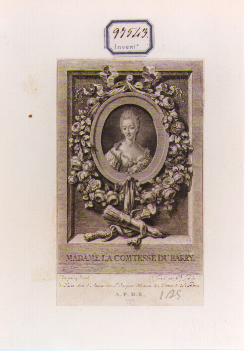 RITRATTO DELLA CONTESSA DU BARRY (stampa controfondata smarginata) di Drevais François Hubert, Gaucher Charles Etienne (sec. XVIII)