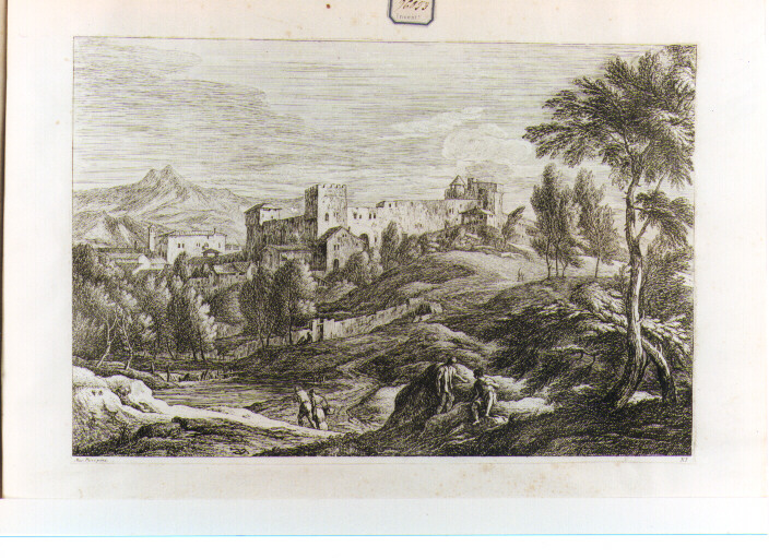PAESAGGIO CON FIGURE (stampa controfondata smarginata) di Ricci Marco, Fossati Davide Antonio (sec. XVIII)
