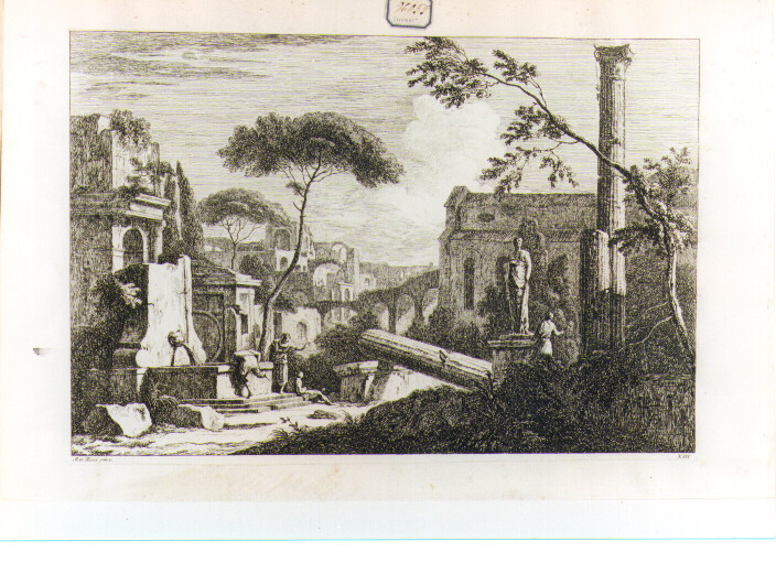 PAESAGGIO CON ROVINE (stampa controfondata smarginata) di Ricci Marco, Fossati Davide Antonio (sec. XVIII)