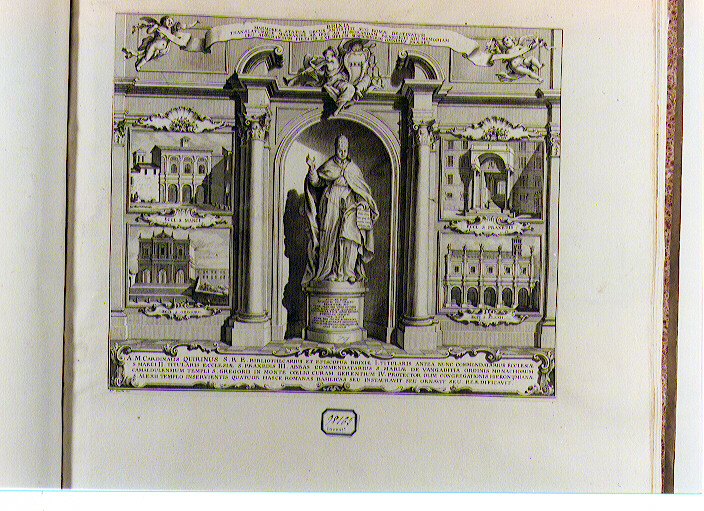 STATUA DI PAPA BENEDETTO XIII CON VEDUTE DELLE CHIESE DA LUI PROTETTE (stampa controfondata smarginata) di Zucchi Francesco (sec. XVIII)