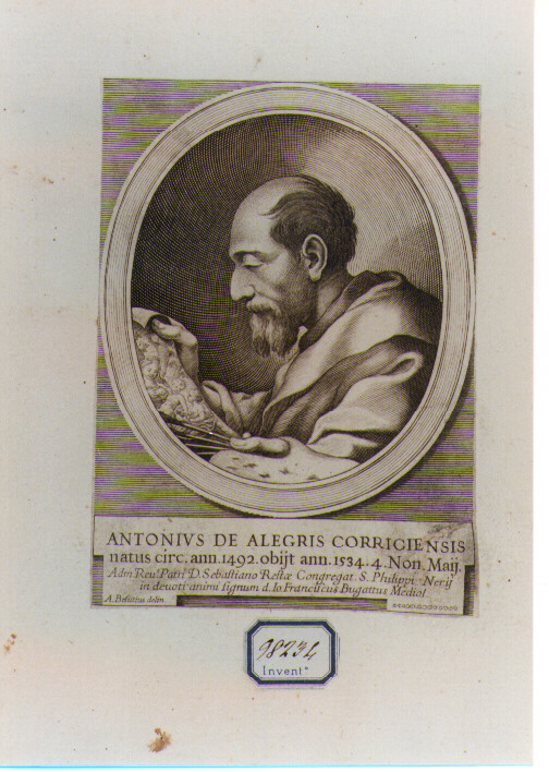 RITRATTO DI CORREGGIO (stampa controfondata smarginata) di Besozzi Giovanni Ambrogio (seconda metà sec. XVII)