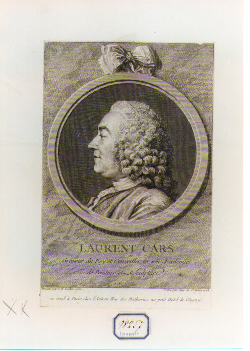 RITRATTO DI LAURENT CARS (stampa controfondata smarginata) di De Saint-Aubin Augustin, Cochin Charles Nicolas (sec. XVIII)