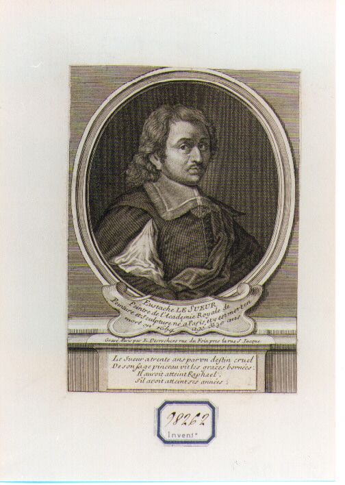 RITRATTO DI EUSTACHE LE SUEUR (stampa controfondata smarginata) di Desrochers Etienne Jehandier (CERCHIA) (sec. XVIII)