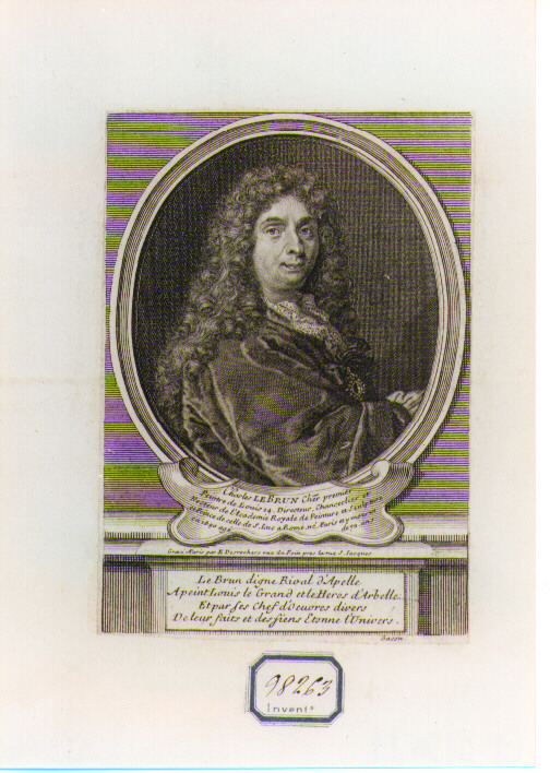 RITRATTO DI CHARLES LE BRUN (stampa controfondata smarginata) di Desrochers Etienne Jehandier (CERCHIA) (sec. XVIII)