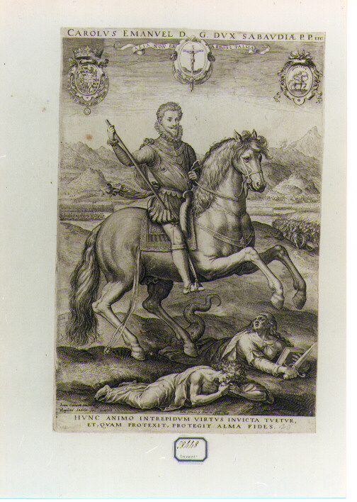 RITRATTO EQUESTRE DI CARLO EMANUELE DUCA DI SAVOIA COME PROTETTORE DELLA FEDE (stampa controfondata smarginata) di Kraeck Jan, Sadeler Raphael I (sec. XVII)