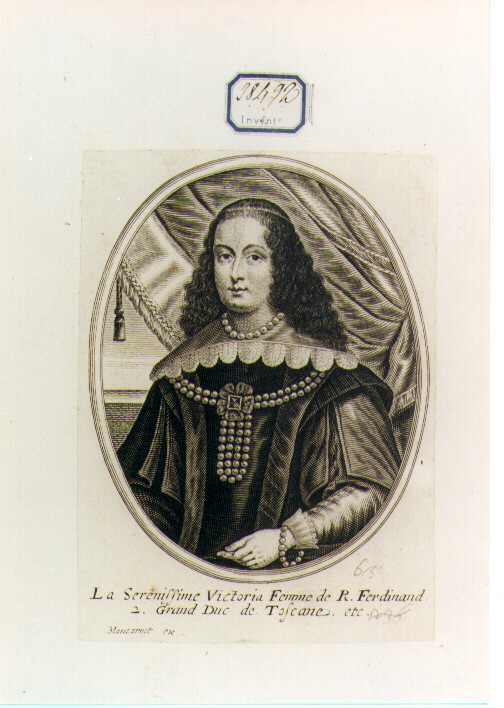 RITRATTO DI VITTORIA MOGLIE DI FERDINANDO II DUCA DI TOSCANA (stampa controfondata smarginata) di Moncornet Balthasar (CERCHIA) (sec. XVII)