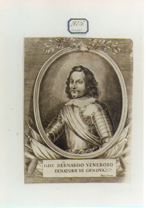RITRATTO DI GIOVAN BERNARDO VENEROSO (stampa controfondata smarginata) di Piccini (prima metà sec. XVII)