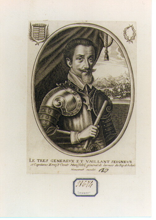 RITRATTO DI ERNEST CONTE DI MANFFELLEL (stampa controfondata smarginata) di Moncornet (CERCHIA) (sec. XVII)