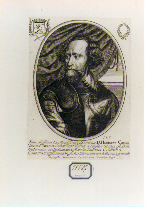 RITRATTO DI HENRICUS CONTE DI VAN DEN BERGHE (stampa controfondata smarginata) di Moncornet Balthasar (CERCHIA) (sec. XVII)