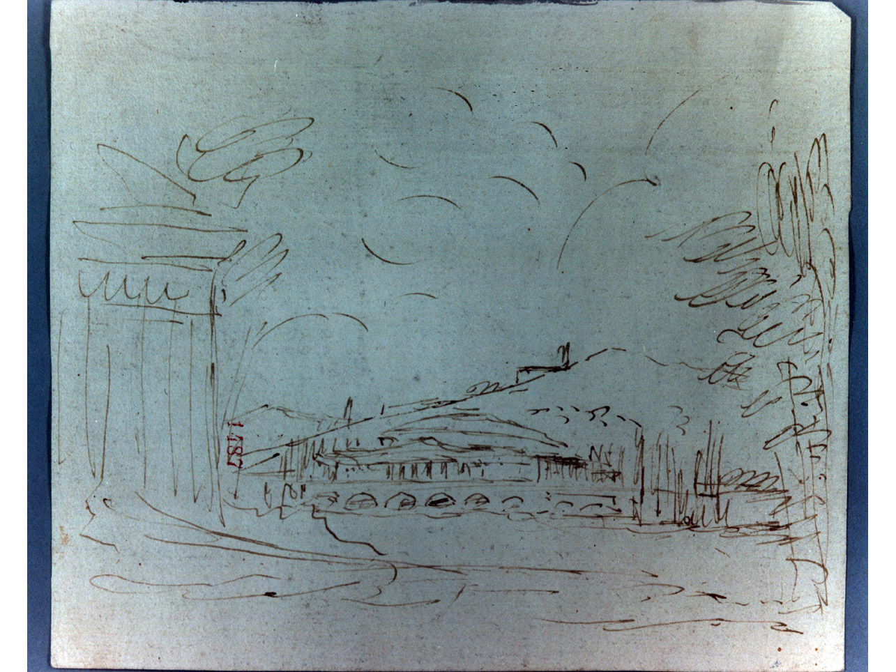paesaggio fluviale con città e ponte (disegno) di Niccolini Antonio (sec. XIX)