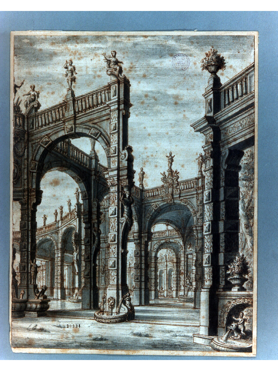 giardino con sfondo di villa con portici a bugne (disegno di scenografia) di Galli Francesco detto Francesco Bibiena (sec. XVIII)