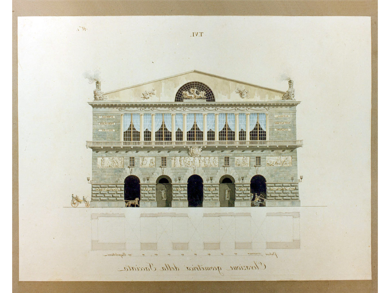 prospetto di facciata del teatro San Carlo (disegno, elemento d'insieme) di Niccolini Antonio (sec. XIX)