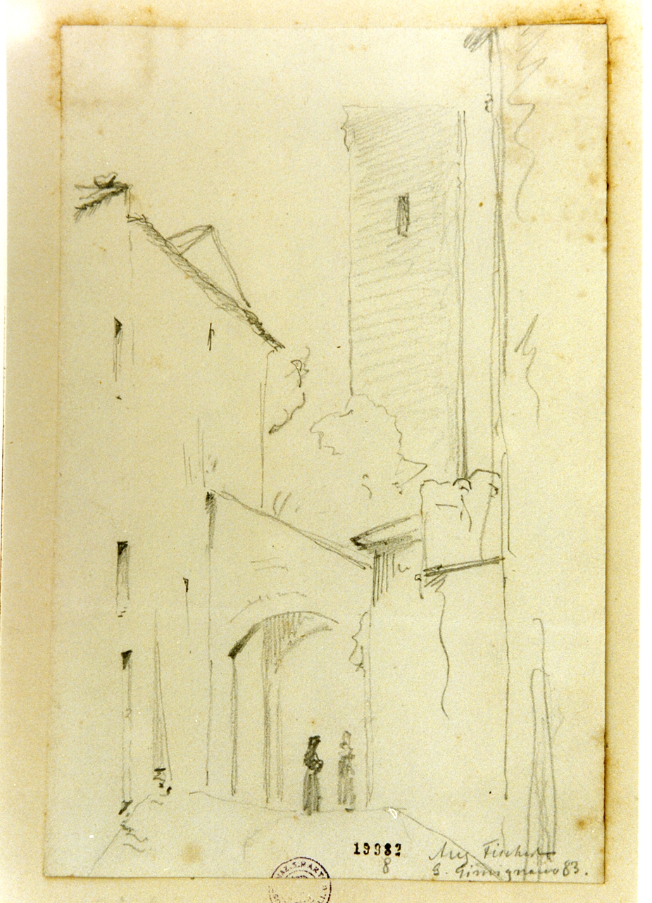 veduta di San Gimignano (disegno) di Fischer Johannes August (sec. XIX)
