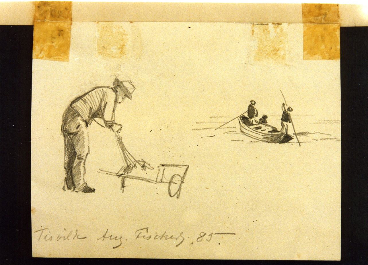 uomo con carriola e barca (disegno) di Fischer Johannes August (sec. XIX)