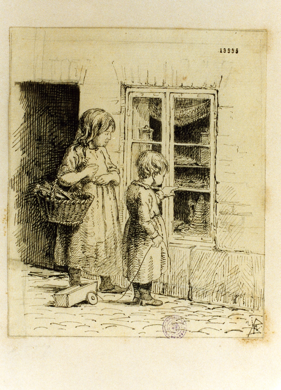 bambini davanti alla vetrina di un fornaio (disegno) di Friedlaender Julius (sec. XIX)