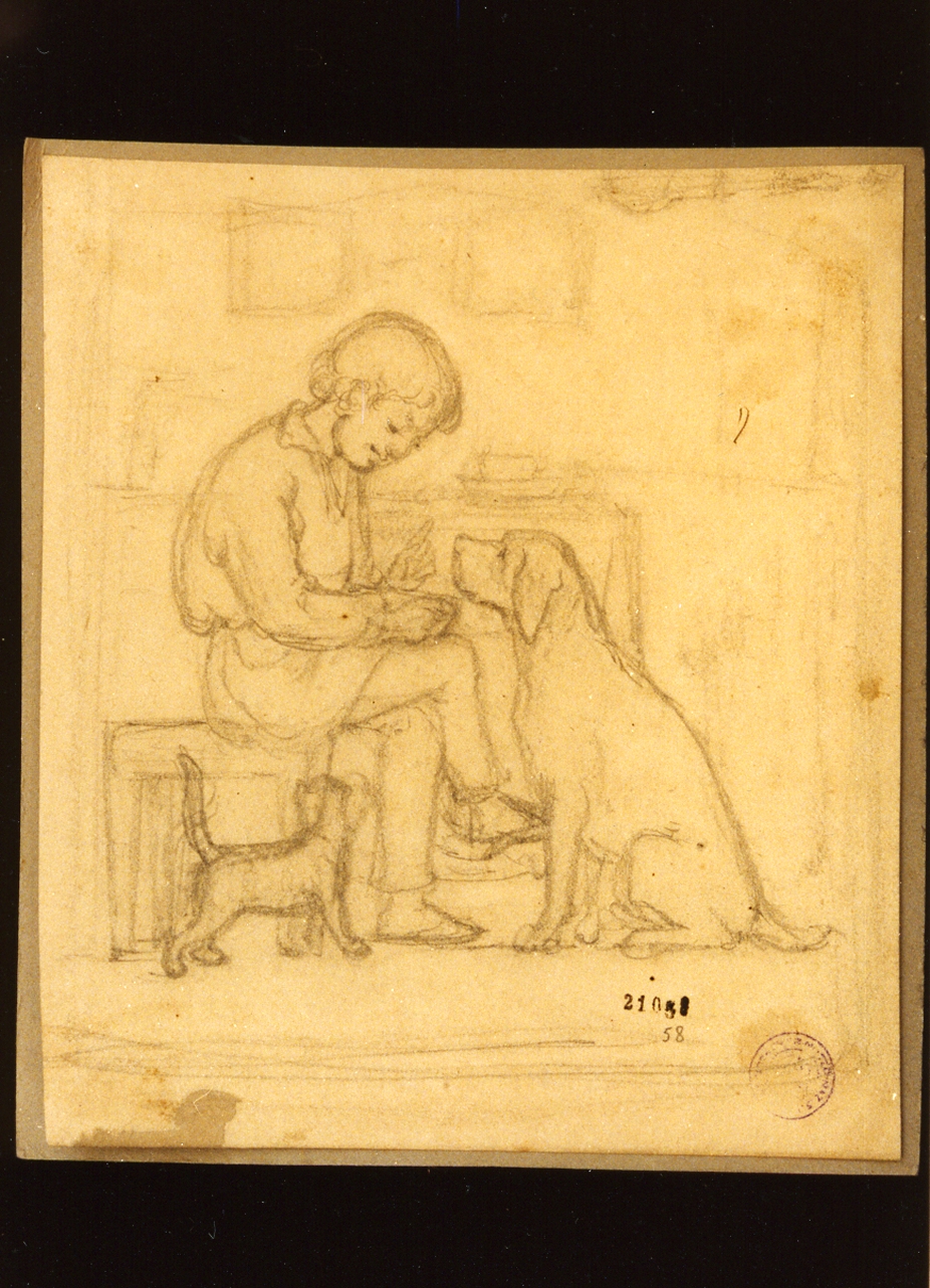 ragazzo con cane e gatto (disegno) di Habbe Nikolaj François (seconda metà sec. XIX)