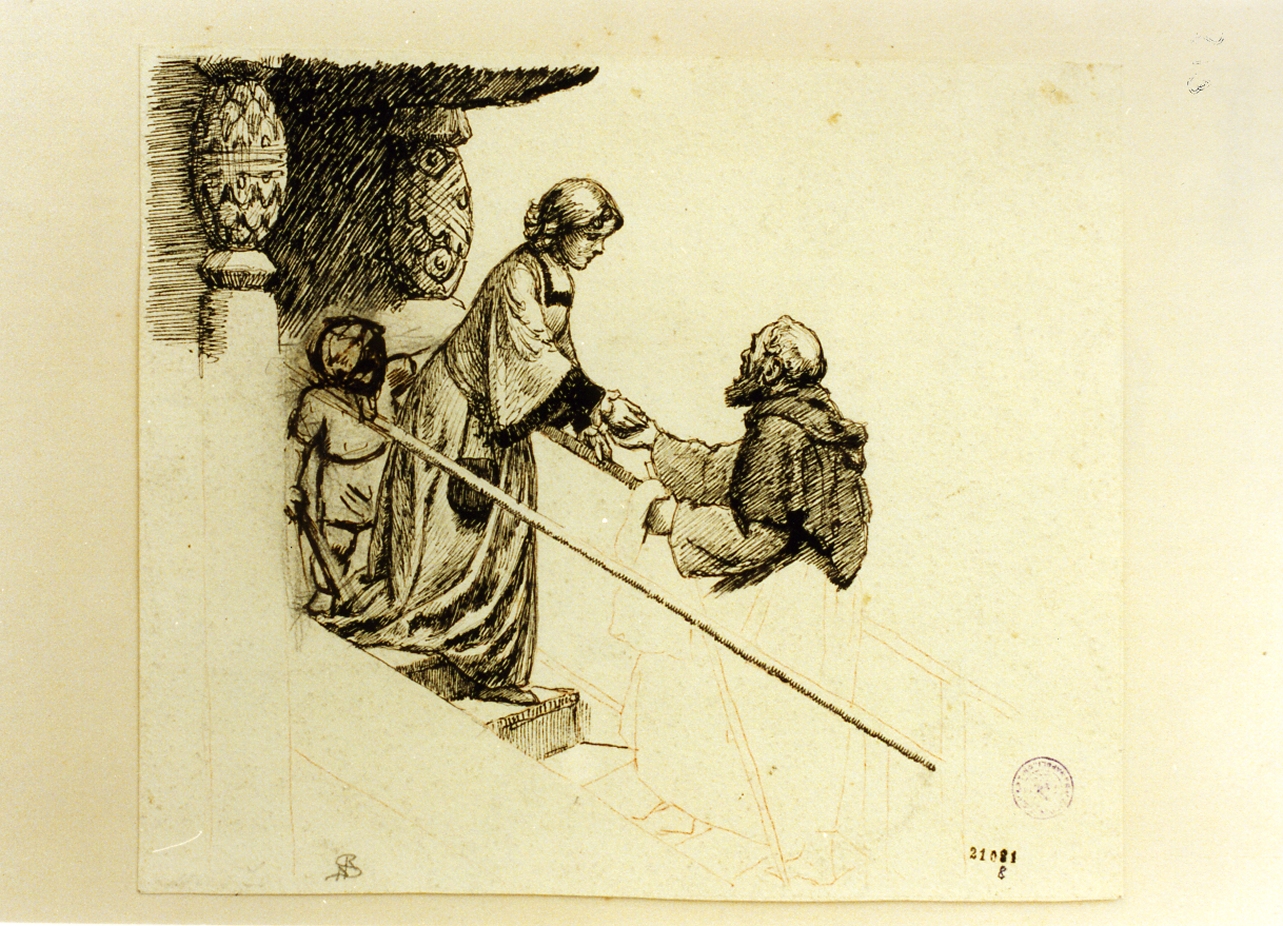 fanciulla e monaco sulle scale (disegno) di Skovgaard Joakim Frederik (sec. XIX)