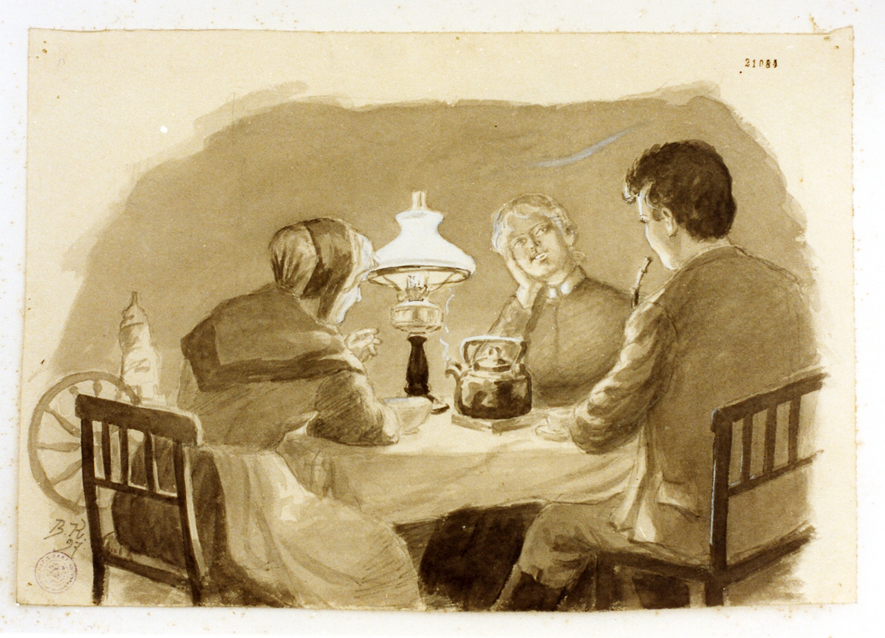 scena familiare in un interno (disegno) di Knutzen Balder (sec. XIX)